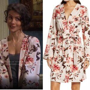 MASON Grey Classic Short ROBE Size L ASO TV Blush Floral Peonies NEW